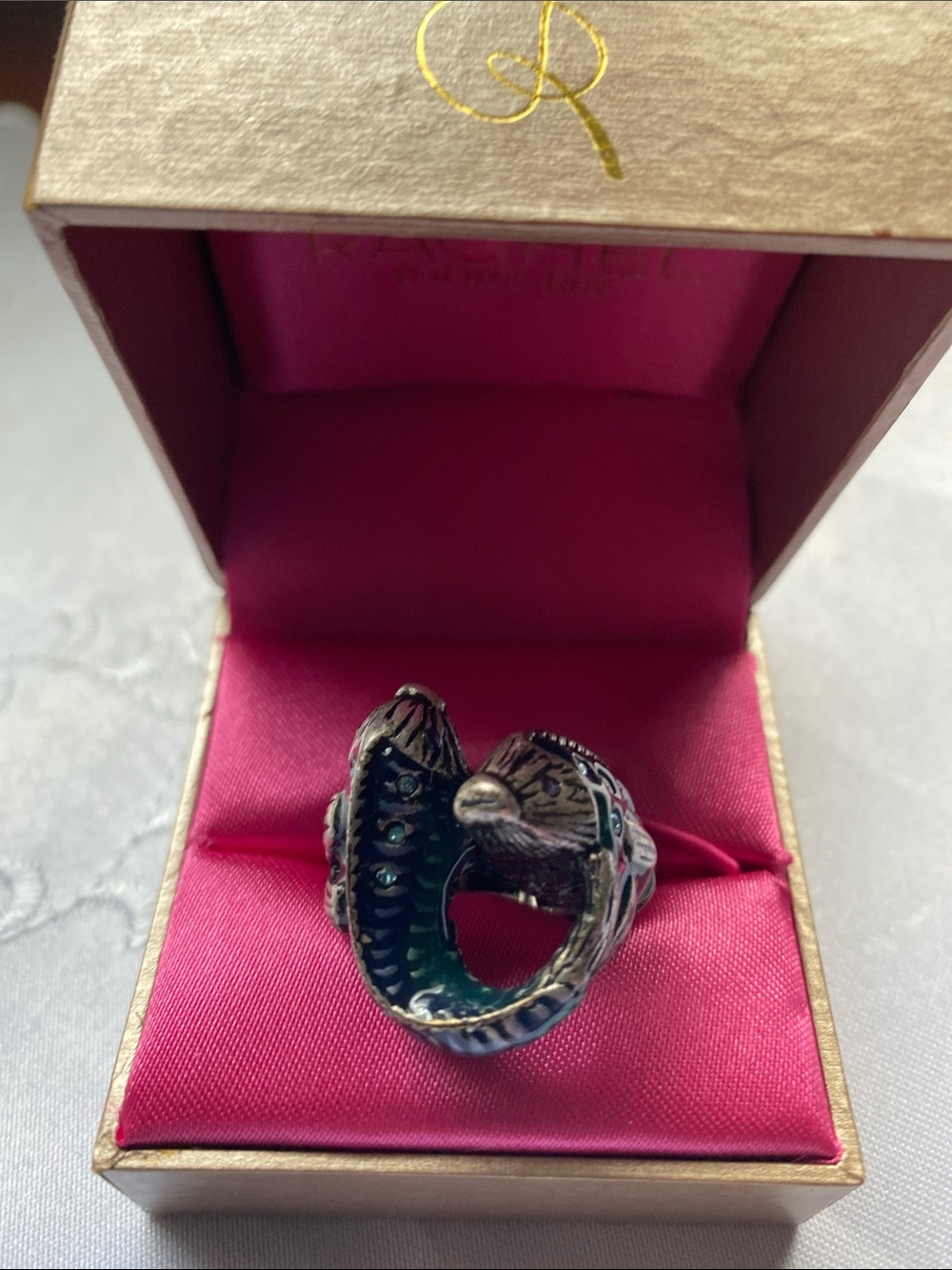 Vintage Rachel Roy Silver-Tone 2 headed Fish Statement Ring with Teal Enamel